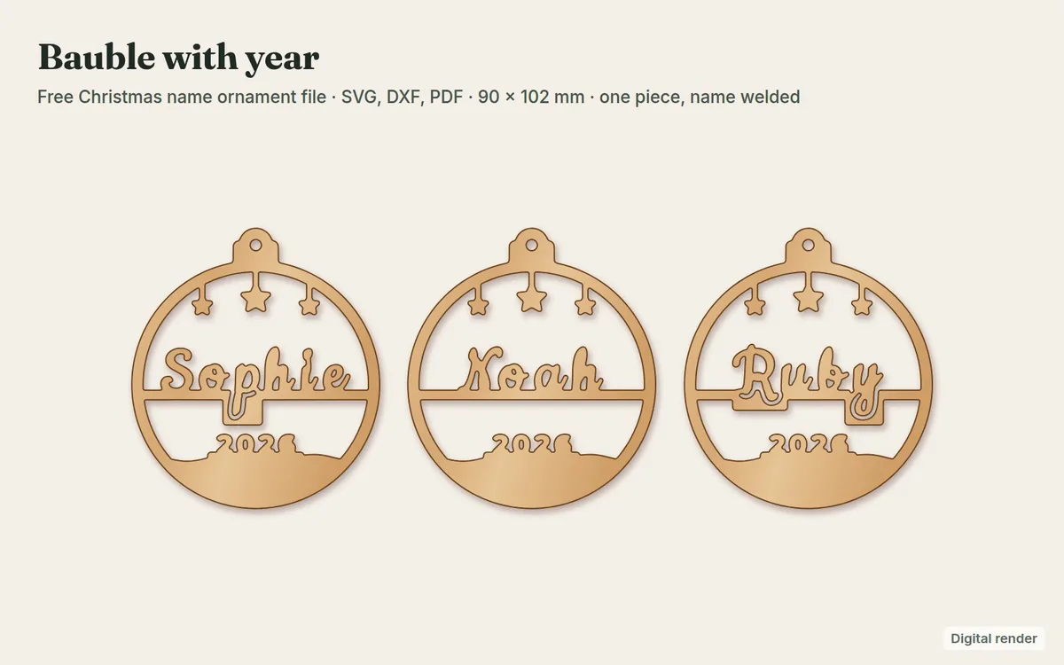 Bauble name ornament laser file with the name Sophie and the year 2026, digital render