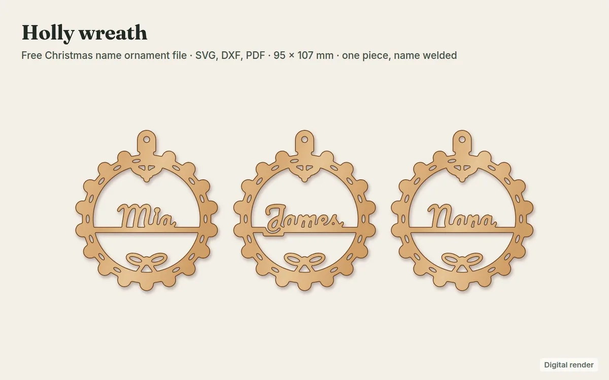 Holly wreath name ornament laser file with the name Mia, digital render