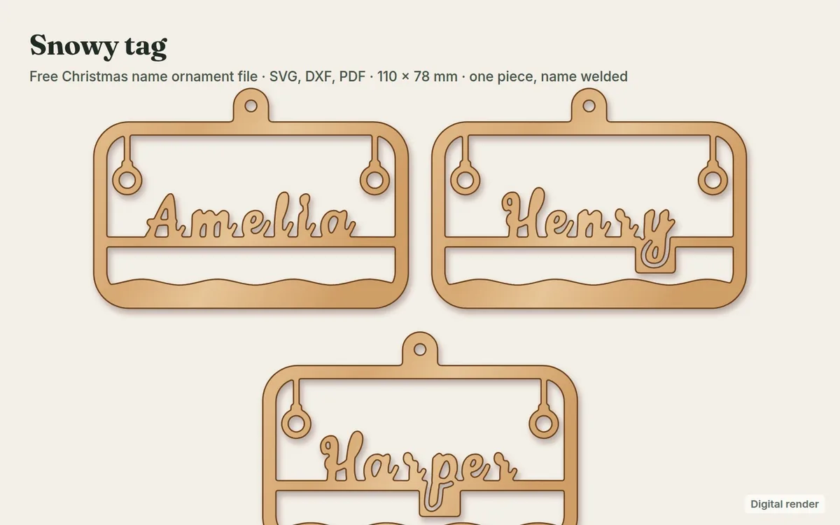 Snowy tag name ornament laser file with the name Amelia, digital render