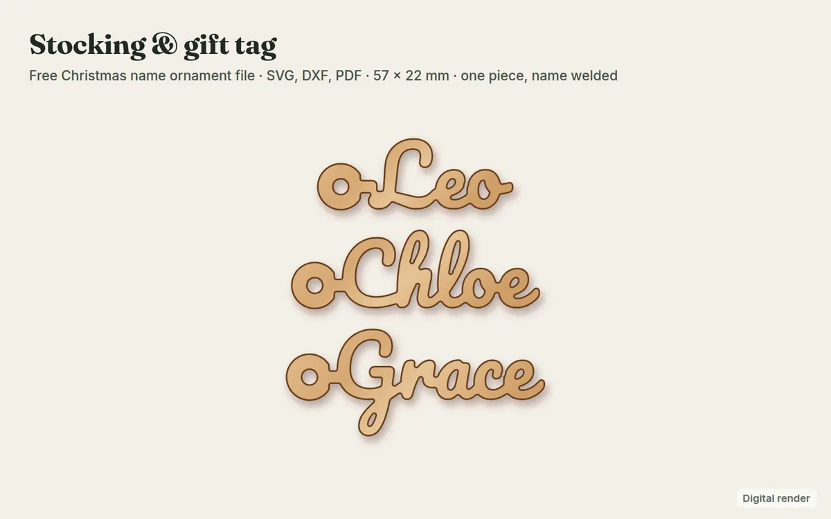 Script name stocking tags Leo, Chloe and Grace with a ribbon hole, digital render