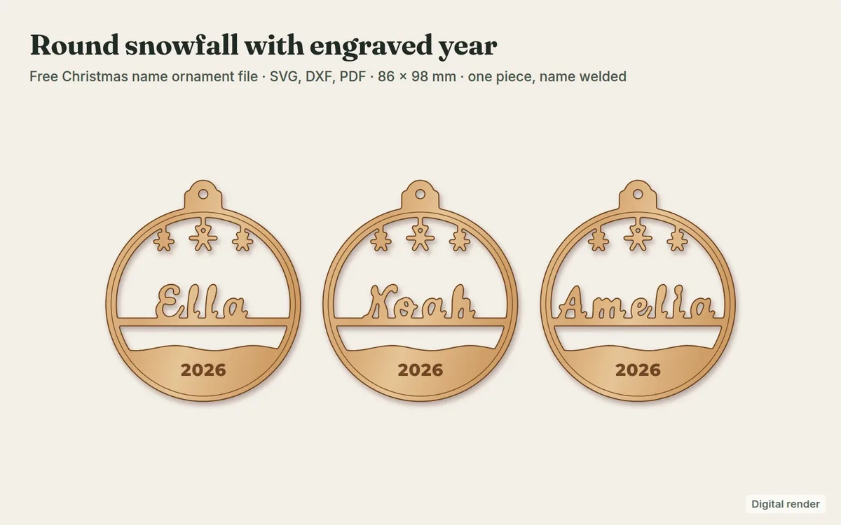 Round name ornament laser file with snowflakes and an engraved year, digital render