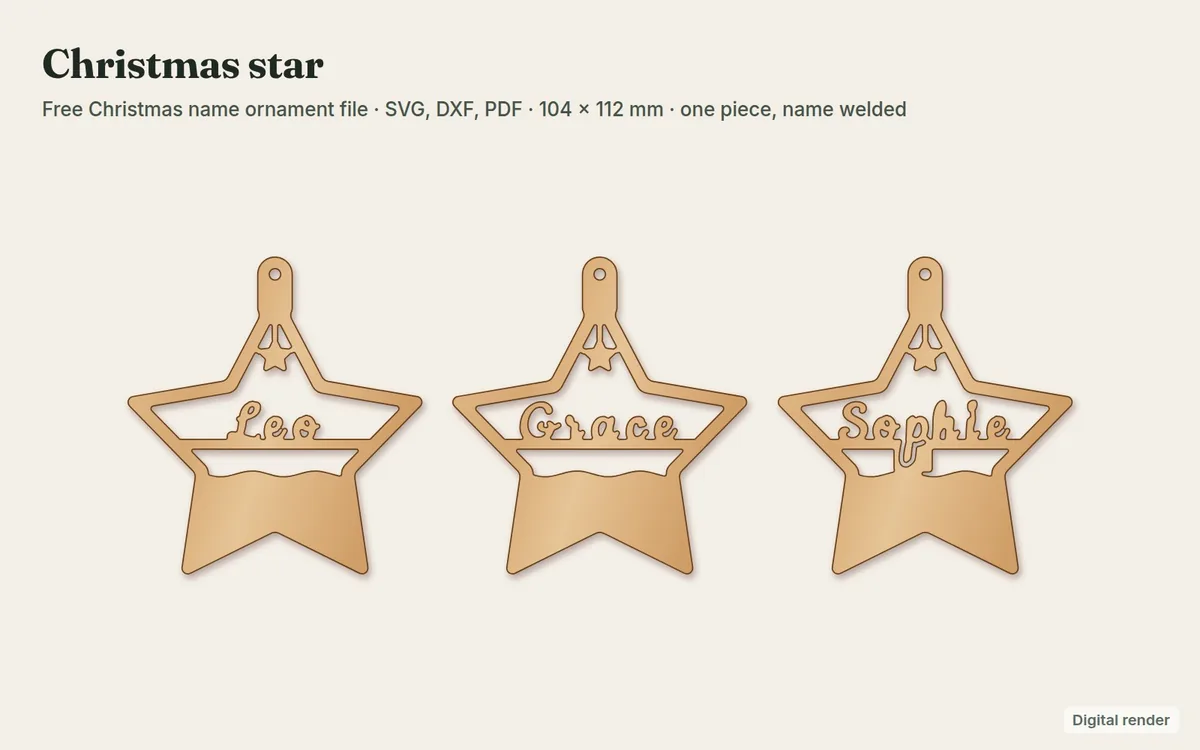 Christmas star name ornament laser file with the name Grace, digital render