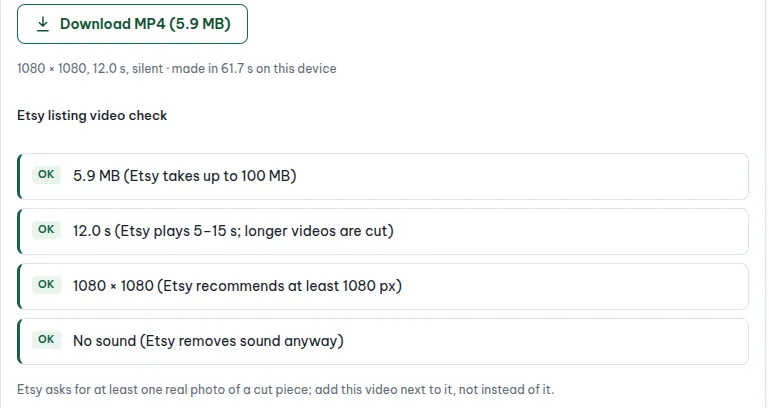 Laser Clip Maker result panel: Download MP4 5.9 MB, 1080 by 1080, 12.0 s, silent, and an Etsy listing video check with OK for size, length, resolution and no sound