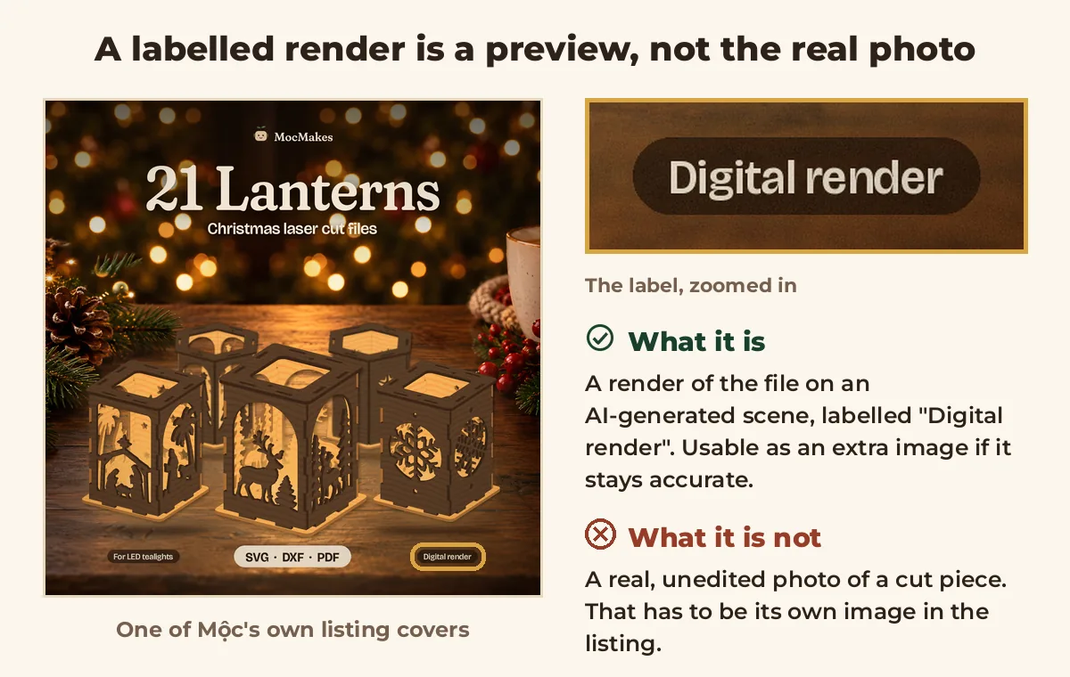 One of Mộc's own Etsy listing covers, a render of a laser cut lantern file on an AI-generated scene with a Digital render label in the corner, next to the label zoomed in: it is a preview, not a real unedited photo of a cut piece